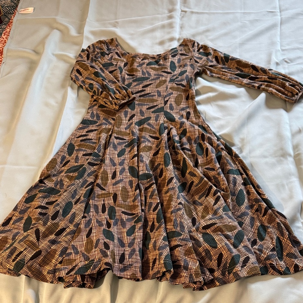Effie’s Heart Brown and blue-green  leaves Patterned Dress, fit and flare size S